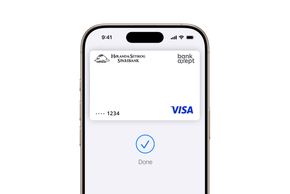 IPhone viser et digitalt betalingskort med bekreftelse 'Done'.